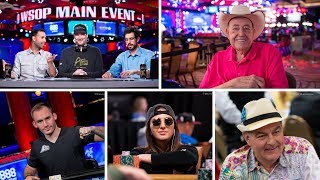 Poker tournament winner posing with stacks of cash and chips at WSOP main event, representing success in professional poker