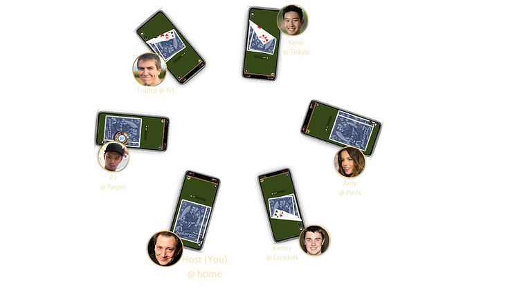 A virtual poker game interface showing six players from different places seated around a digital table, each represented by a smartphone displaying their poker hand.