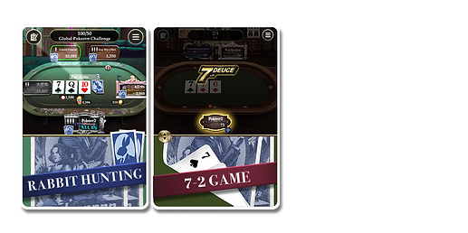 Screenshots of a poker game app, showing a poker table with cards on top and a 'Rabbit Hunting game scene below.