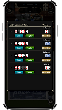 Smartphone displaying a poker game hand history log, showing details of past hands and winners.