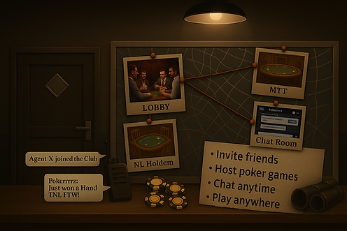 A cork bulletin board with various notes, poker chips, and cards pinned to it, displaying information and features about a poker game app.