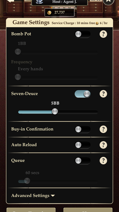 Game settings screen showing how to enable the Seven-Deuce Bounty Rule in a private table on Pokerrrr2